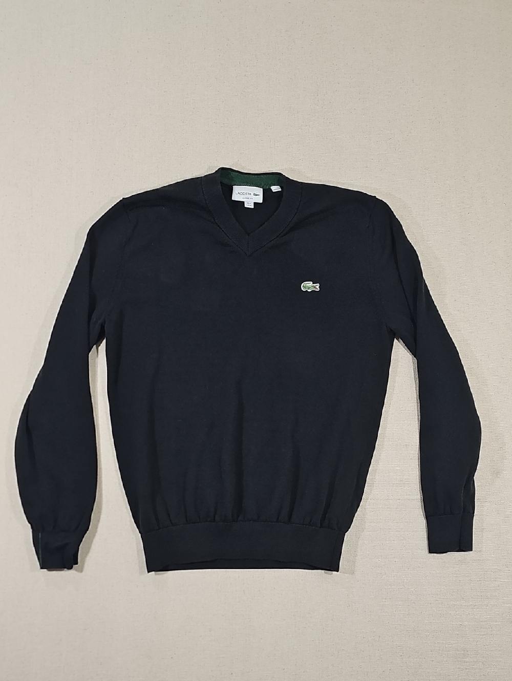 Lacoste Men's V-Neck Black Sweater with Green Crocodile Logo